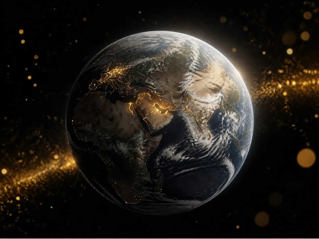 Earth from space with golden city lights